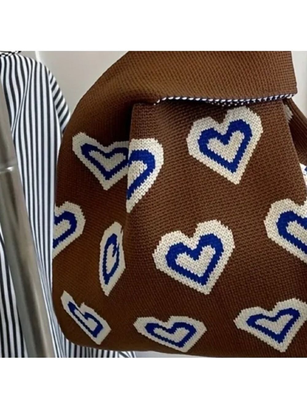 Heavy Woven Knit Heart Pattern Tote Purse Bag Japanese Knot Closure Style - Picture 5 of 6